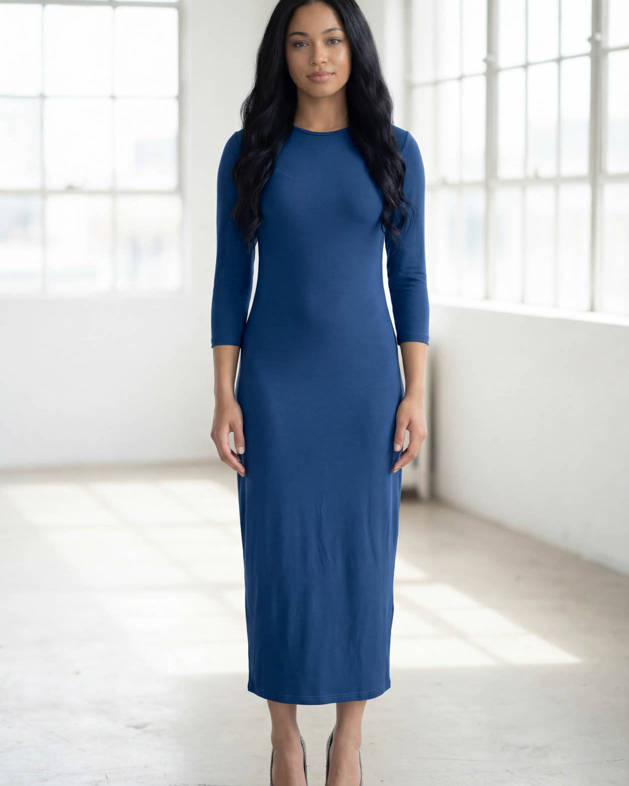 Model wearing Nuggles® Tea Layering Dress in Light Navy