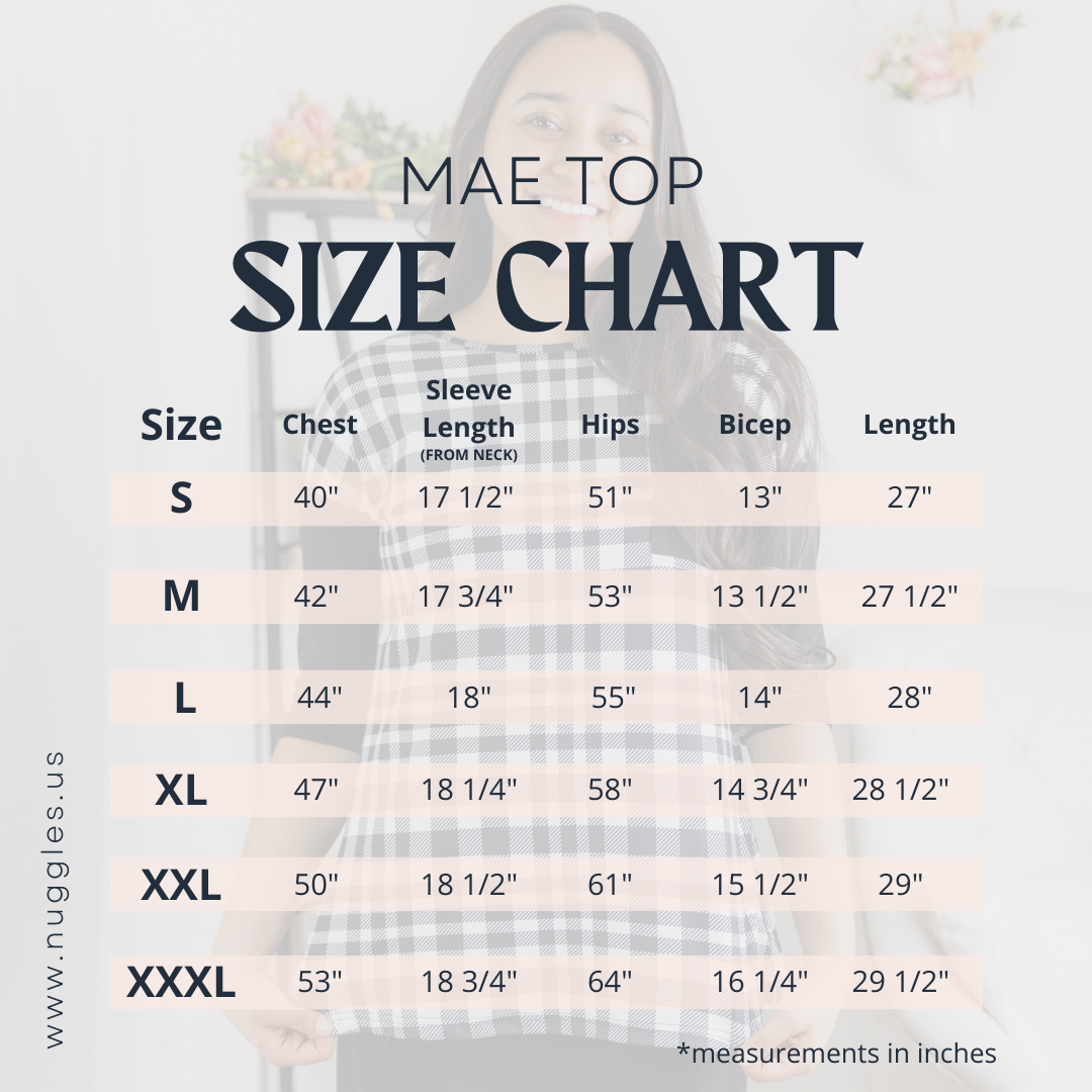 Size chart for Nuggles® Mae Top with measurements for bust, waist, and hip