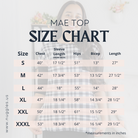 Size chart for Nuggles® Mae Top with measurements for bust, waist, and hip