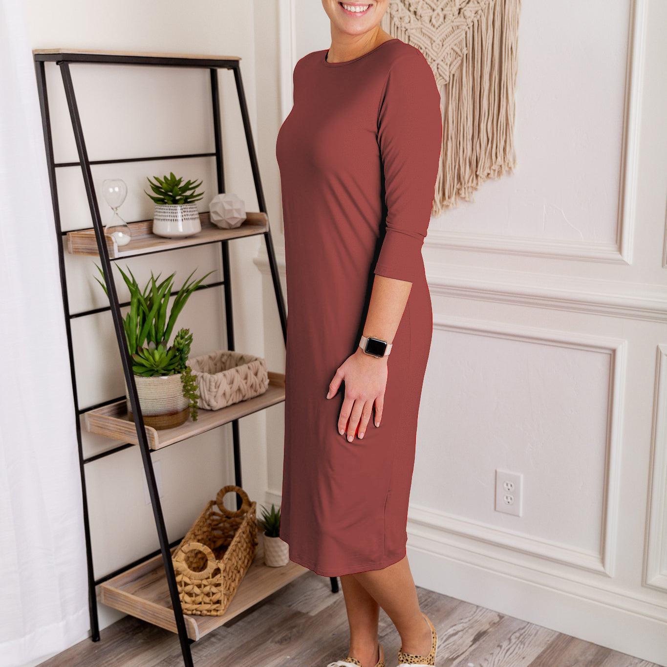 Model wearing Nuggles® Original Style Midi Layering Dress in soft cotton knit