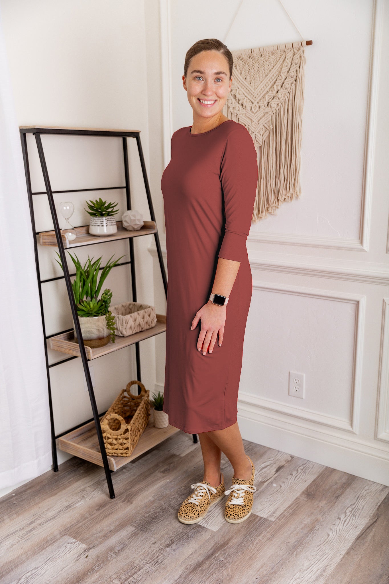 Model wearing Nuggles® Original Style Midi Layering Dress in soft cotton knit