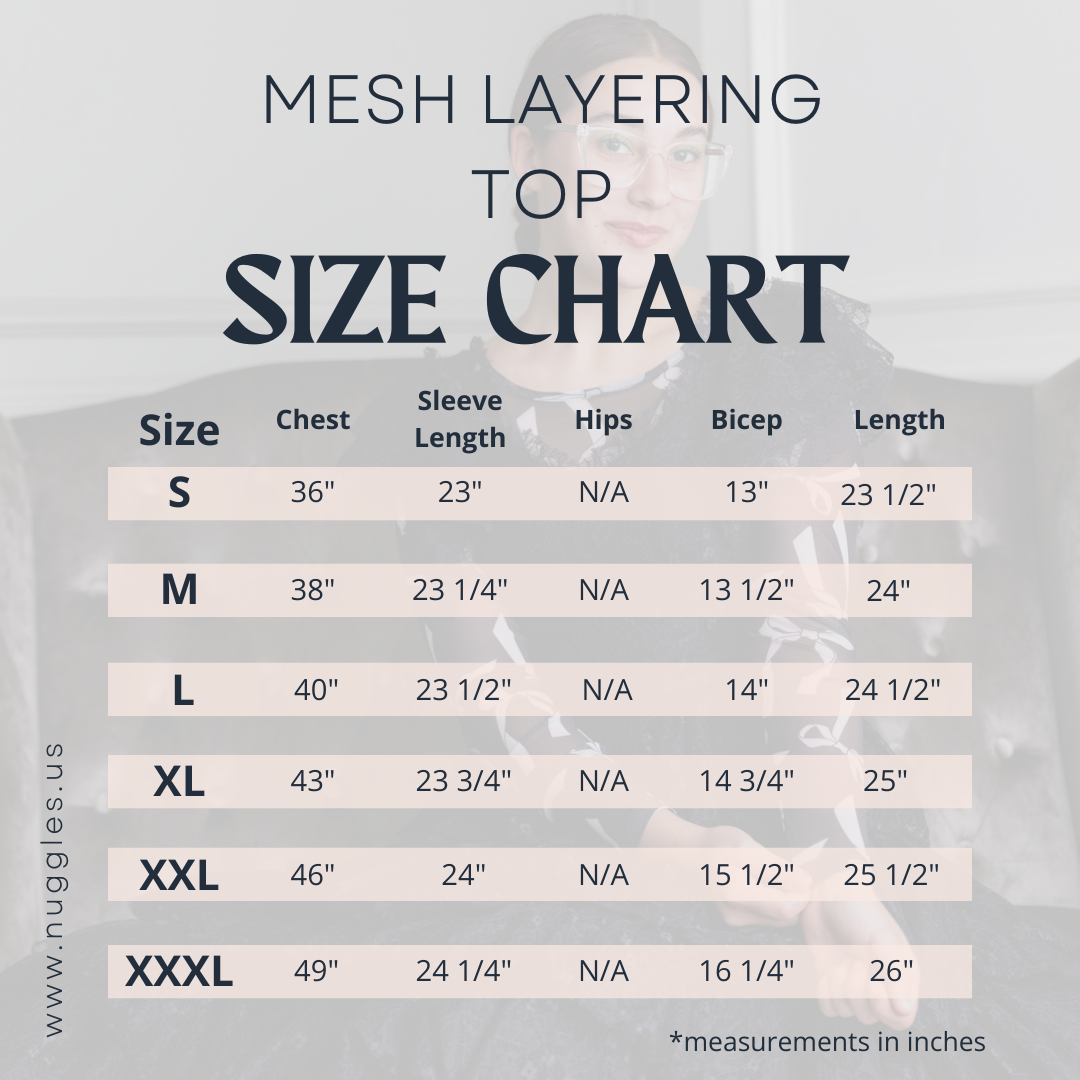 Size chart for women’s mesh layering top – measurements for chest, waist, and length to help choose the best fit