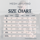Size chart for women’s mesh layering top – measurements for chest, waist, and length to help choose the best fit