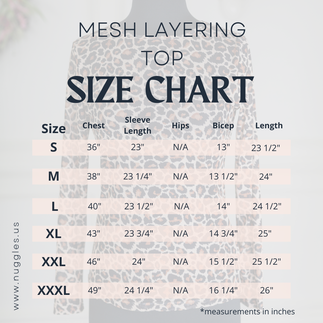 Nuggles® Mesh Layering Top size chart with bust and length measurements for girls and women, modest layering tee sizing guide