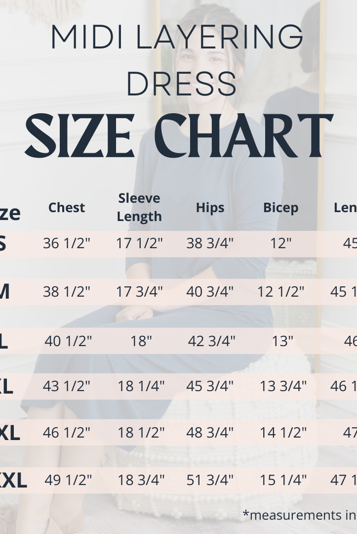 Size chart for Nuggles Original Style Midi Layering Dress with measurements for bust, waist, hips, and dress length in inches.