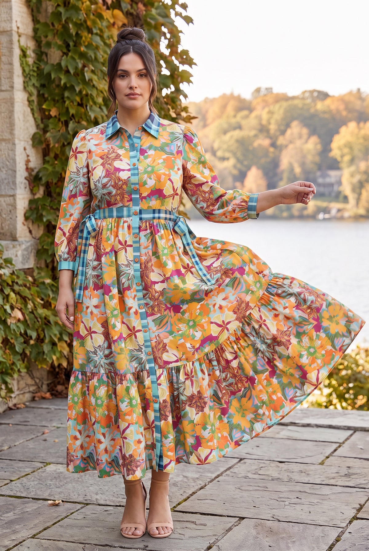 Model wearing Nuggles® Leila Dress in Marigold