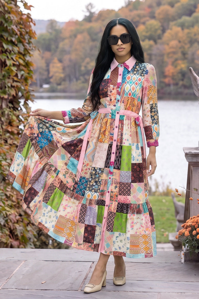 Model wearing Nuggles® Leila Dress in Memory Quilt