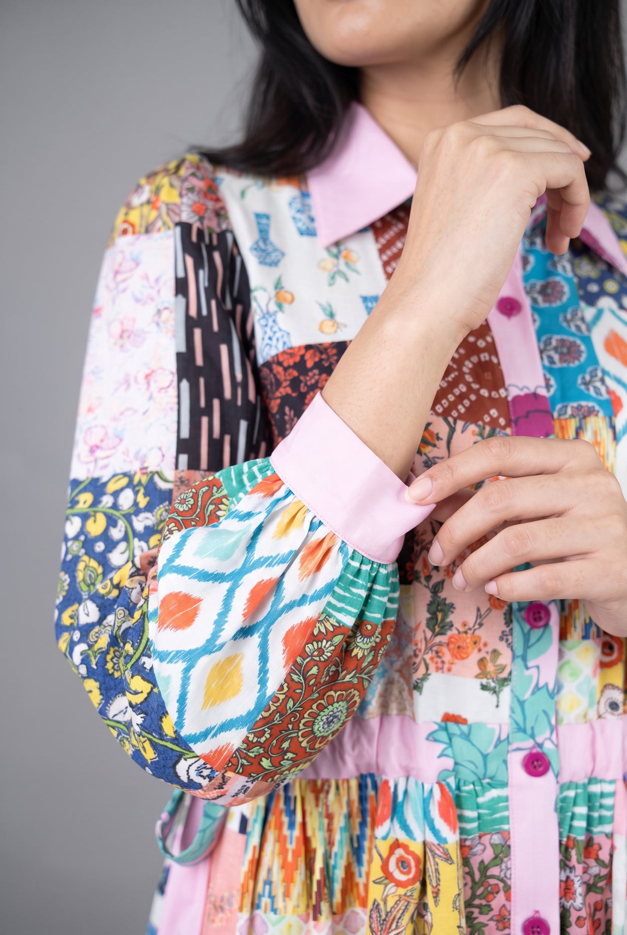 Model wearing Nuggles® Leila Dress in Memory Quilt
