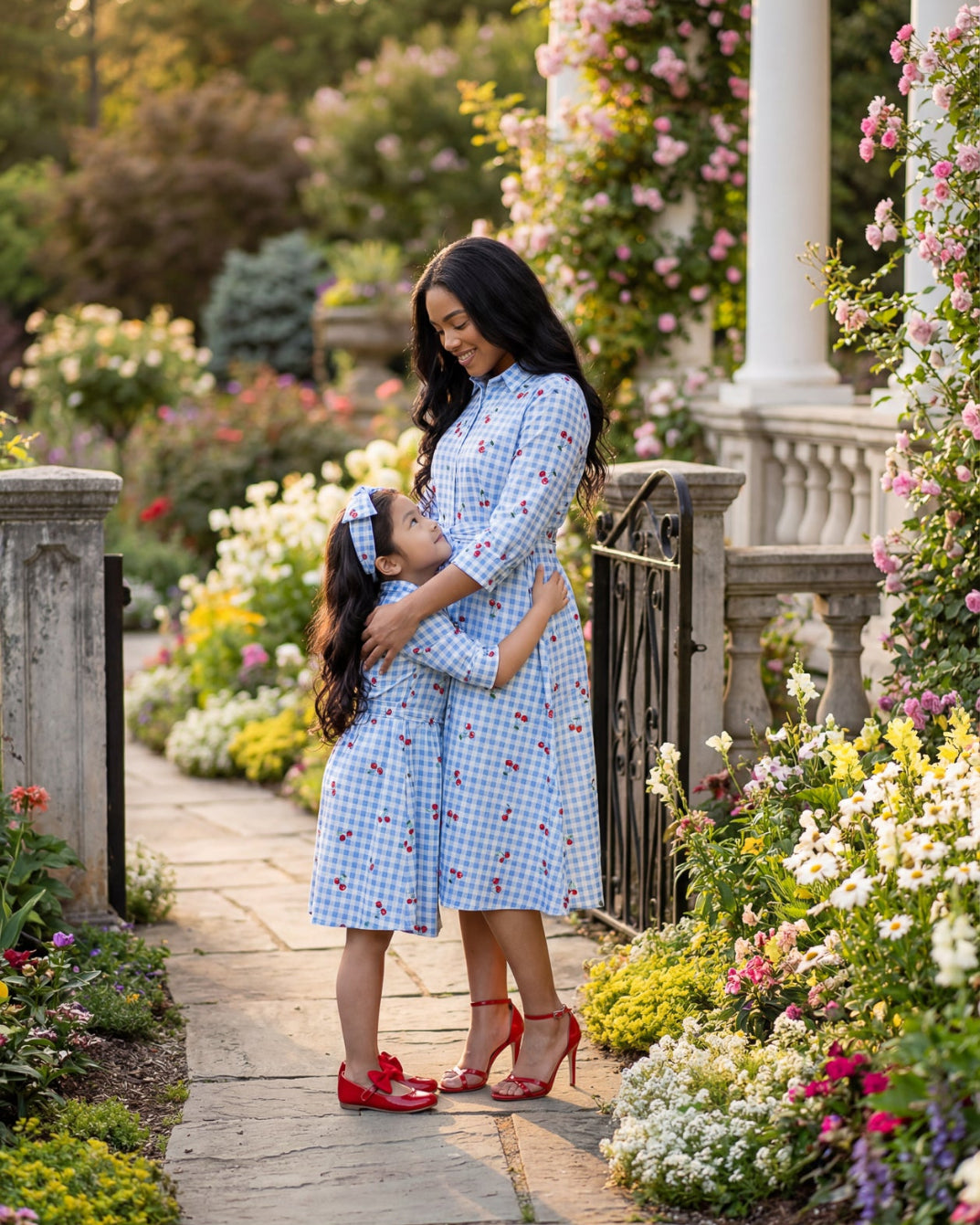Model wearing the Nuggles® Rachel Dress in Sweet Cherry Check