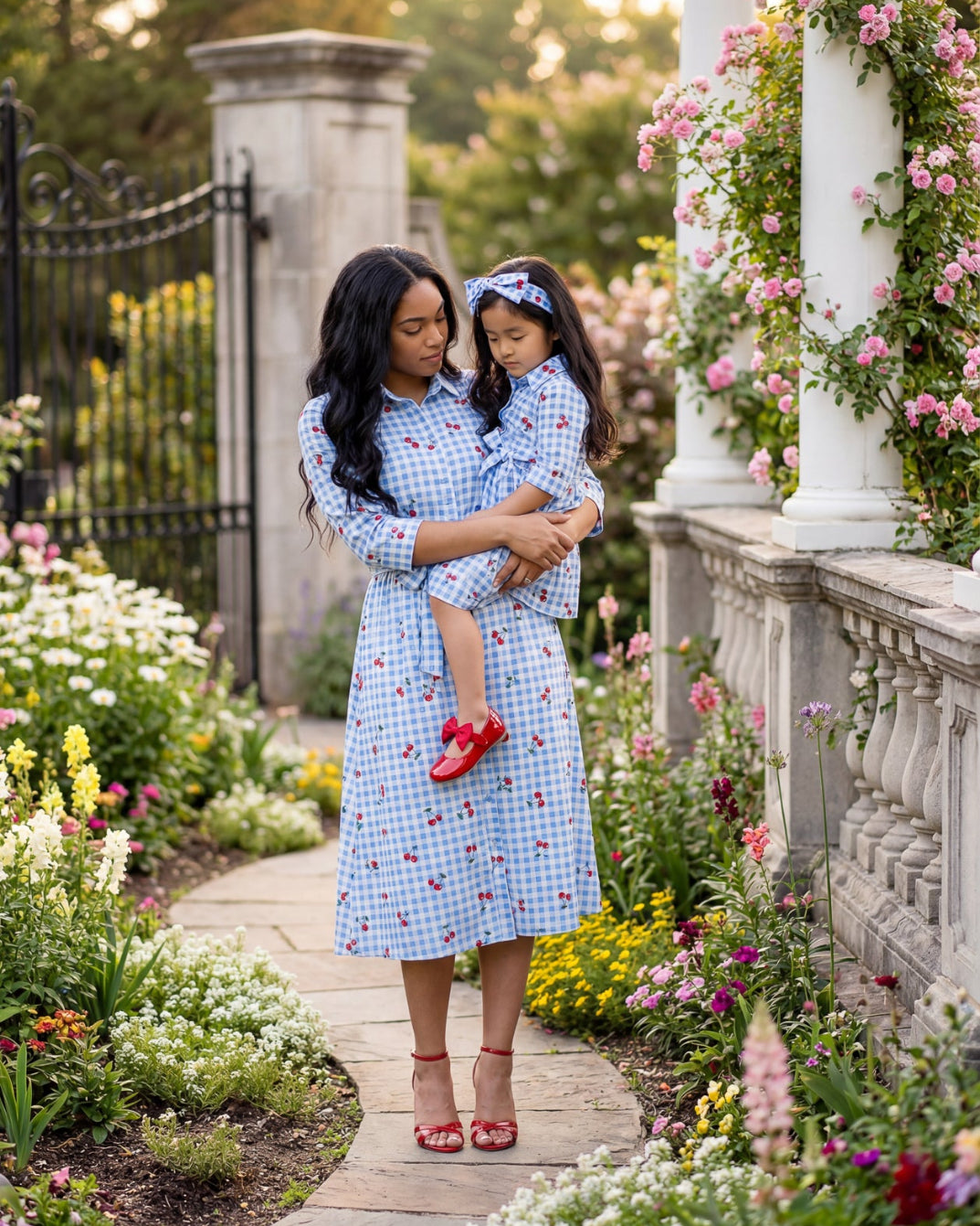 Model wearing the Nuggles® Rachel Dress in Sweet Cherry Check
