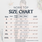 Size chart for Norie Top – measurements for bust, waist, and length in inched