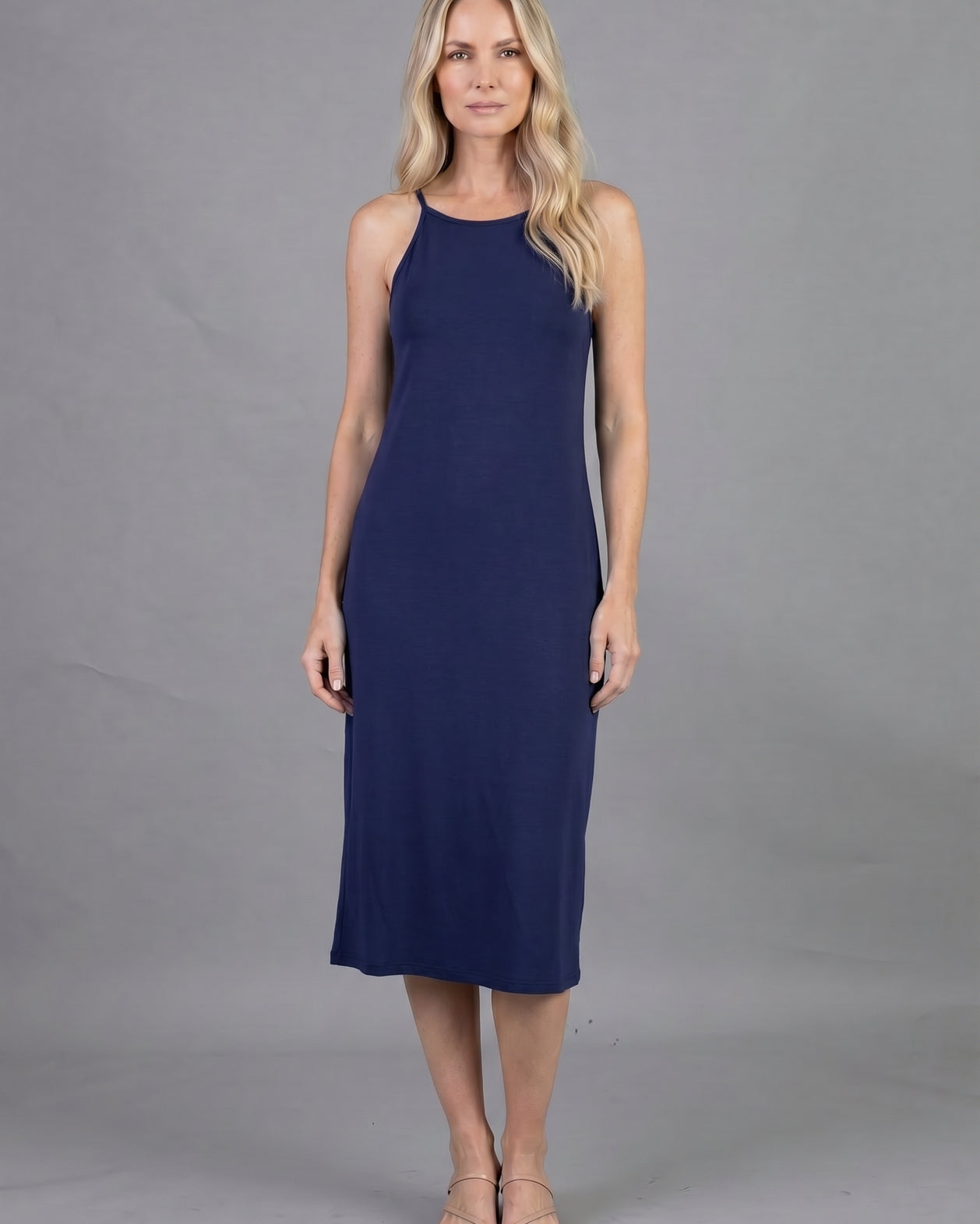 Nuggles Layering Camisole Dress in Navy, sleeveless midi slip dress for modest layering coverage