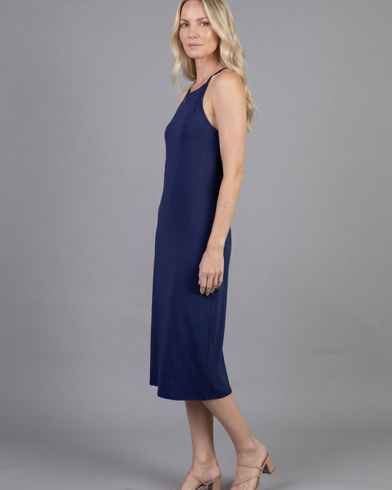 Navy Camisole Layering Dress by Nuggles, maternity-friendly sleeveless midi slip for modest coverage