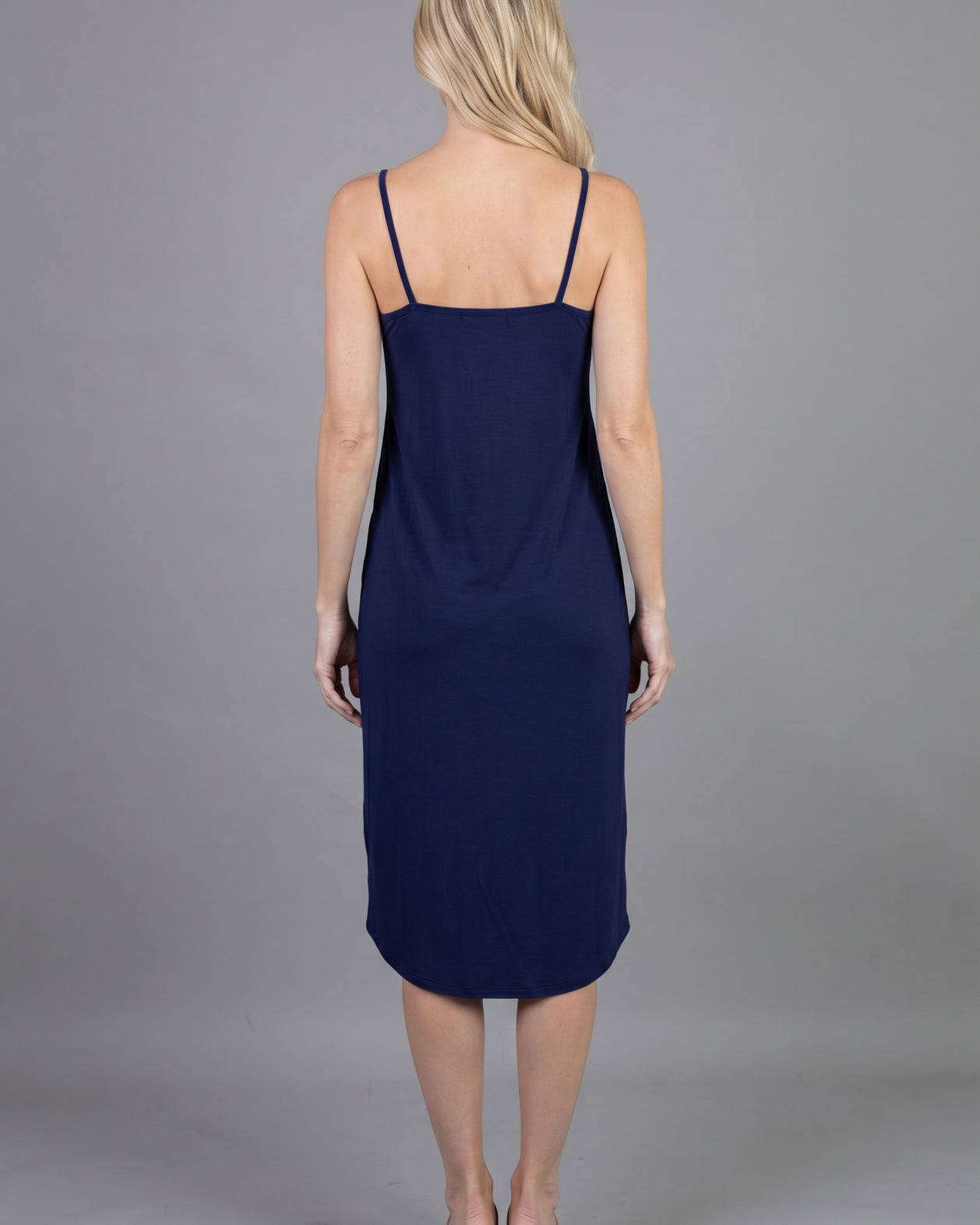 Navy Layering Camisole Dress by Nuggles, modest sleeveless cotton slip midi worn under dresses and tops