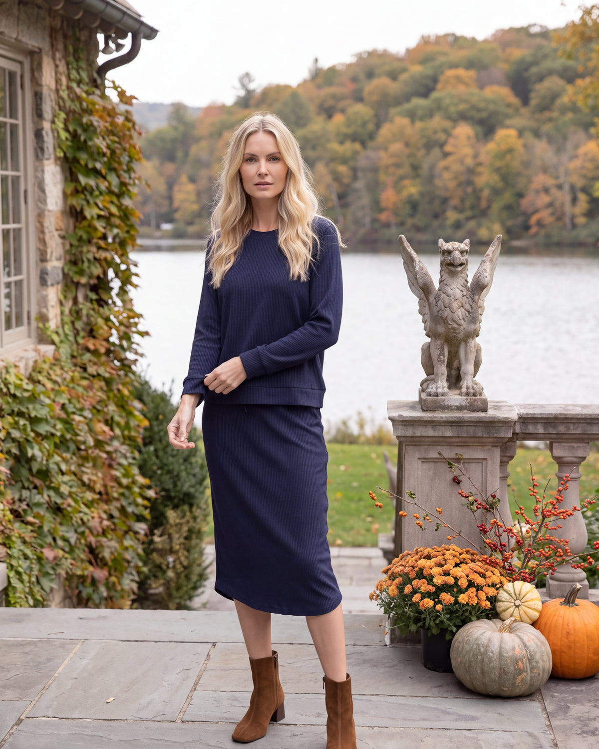 Model wearing Nuggles® Misty Lounge Set in Navy