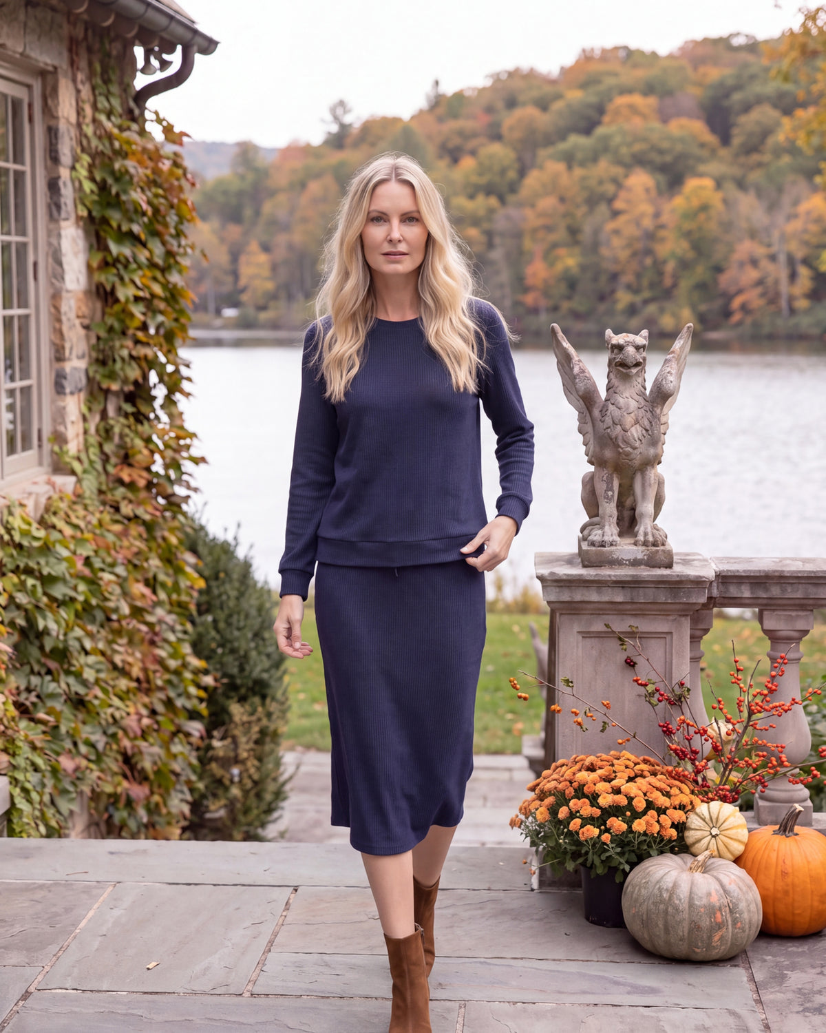 Model wearing Nuggles® Misty Lounge Set in Navy