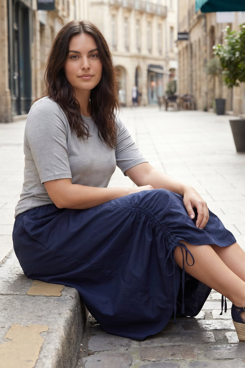 Model wearing Nuggles® Oriana Skirt in Navy