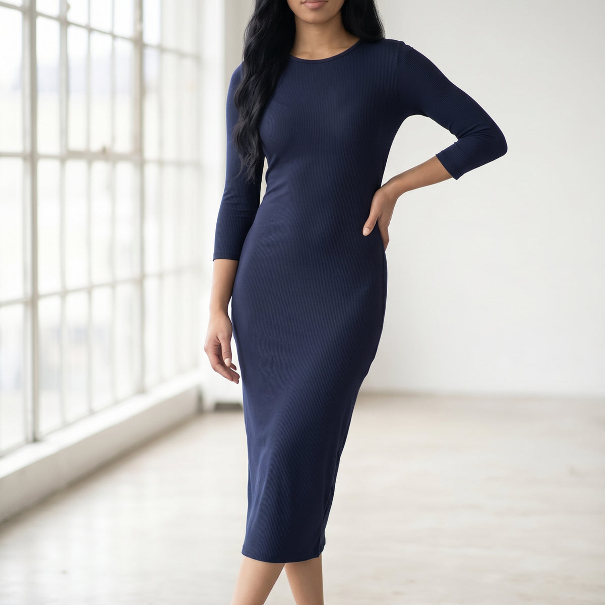 navy blue ribbed dress Modest Ribbed Midi Layering Dress in Navy