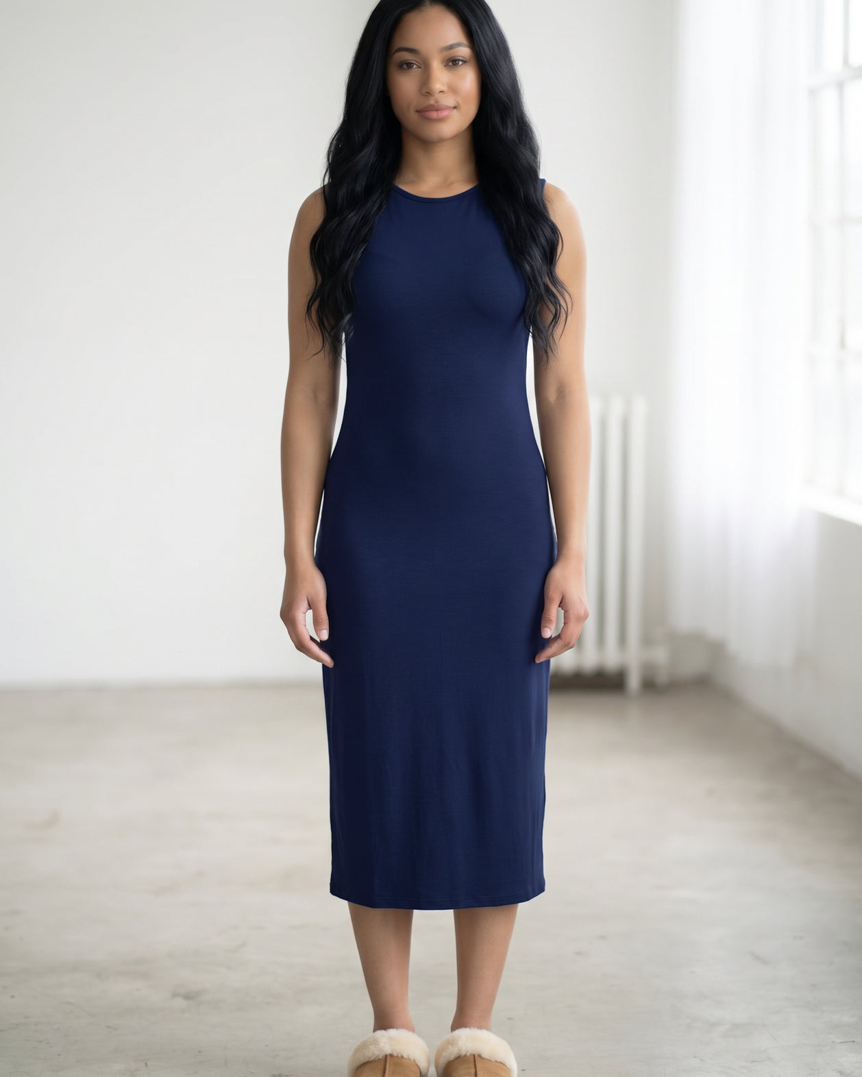 Model wearing Nuggles® Tank Midi Dress in Navy