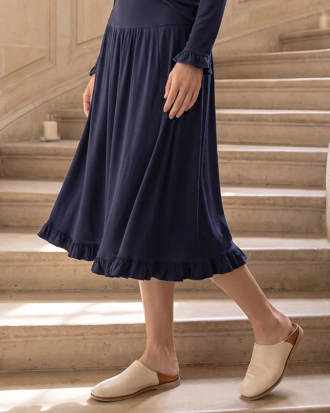 Model wearing Nuggles® Bethany Shirt & Skirt in Navy