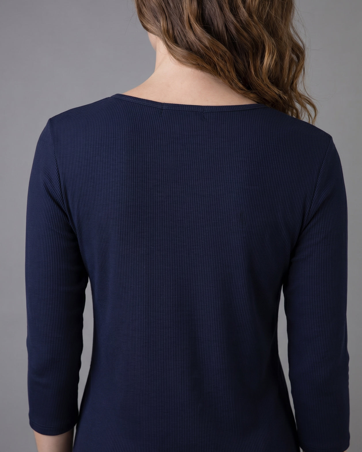 Model wearing Nuggles® 3/4 Essential Ribbed Tee in Navy