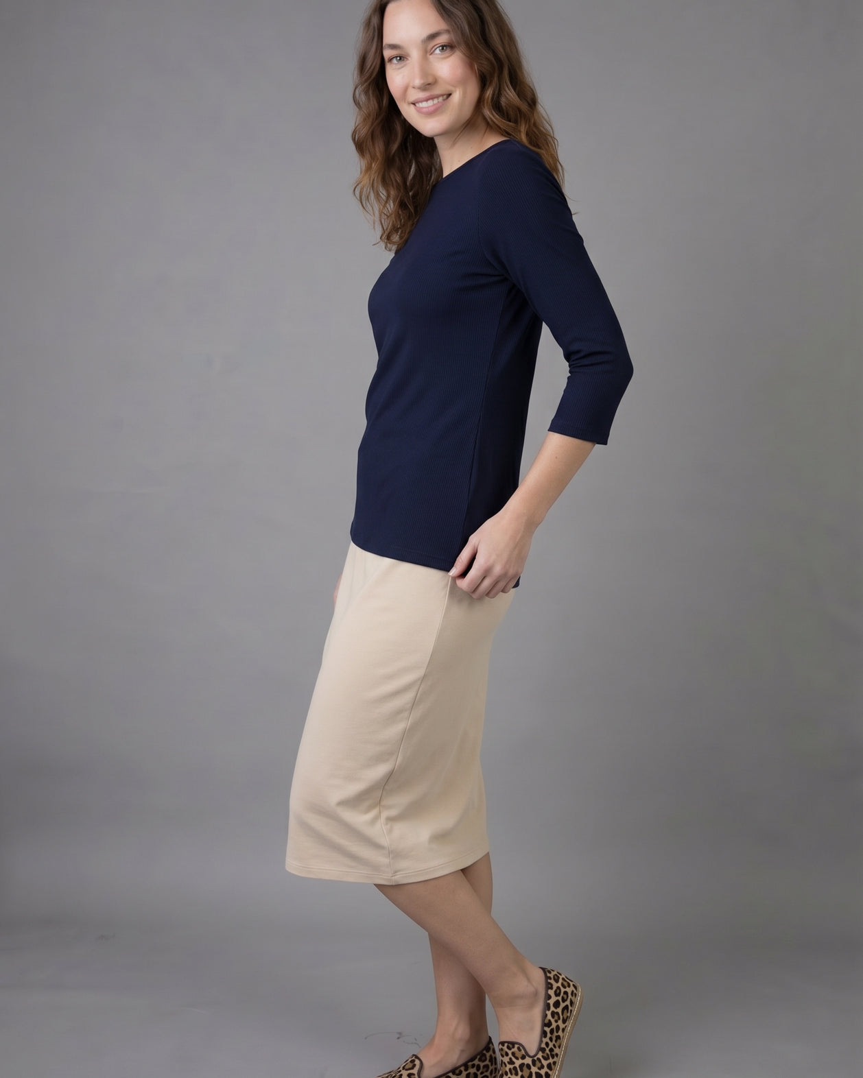 Model wearing Nuggles® 3/4 Essential Ribbed Tee in Navy