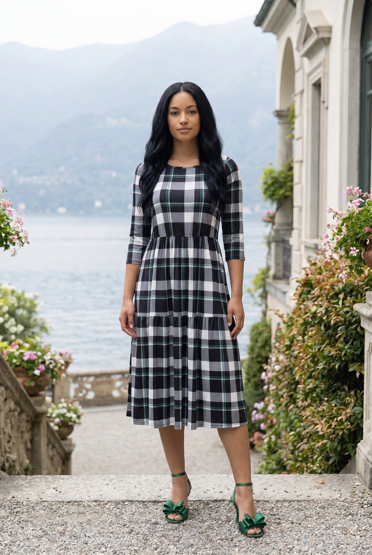 Nightfall Nova Midi by Nuggles, 3/4-sleeve modest cotton dress in deep, dramatic dark print