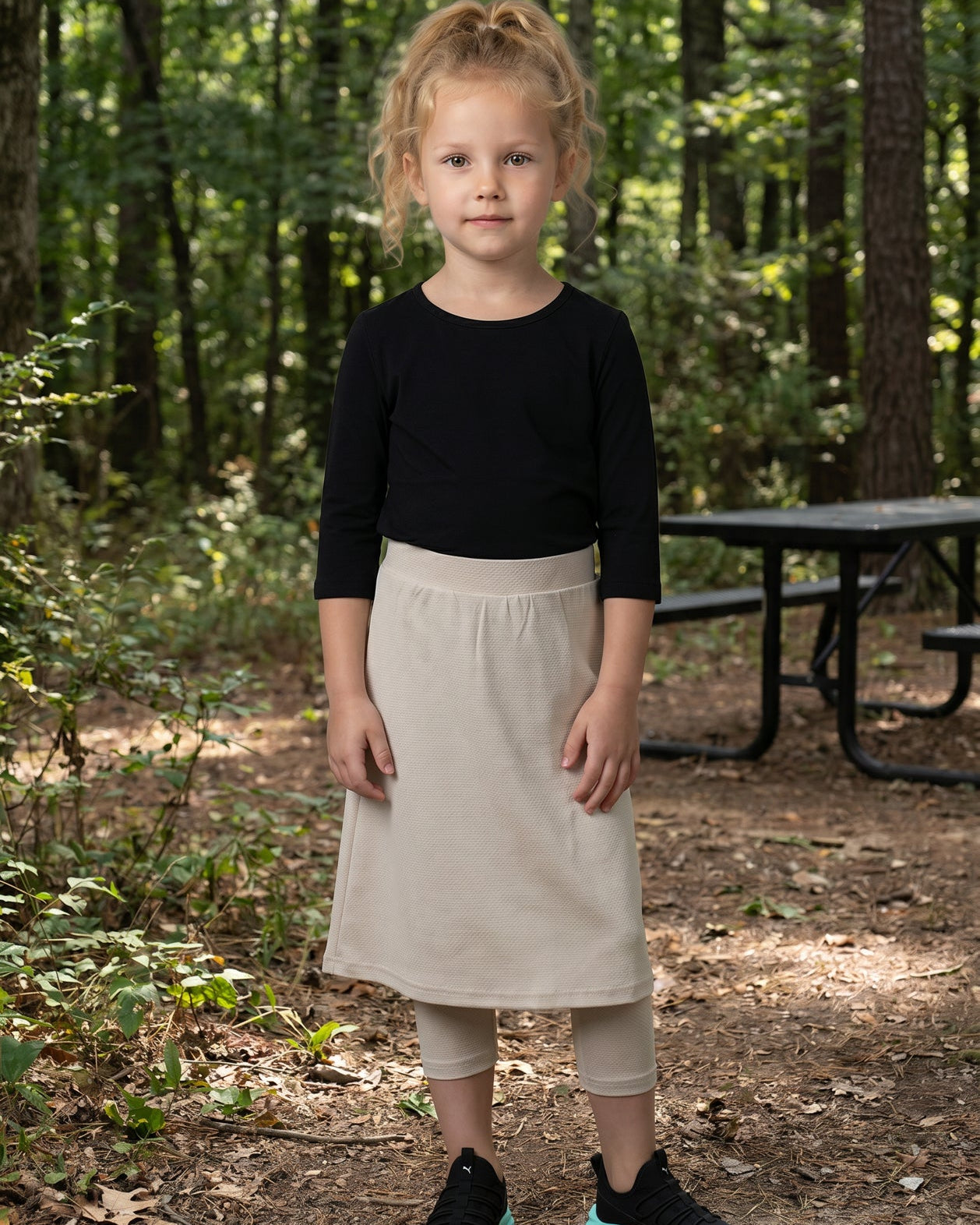 Girls' Modest All-Sport Skirt in Nude with built-in capri leggings