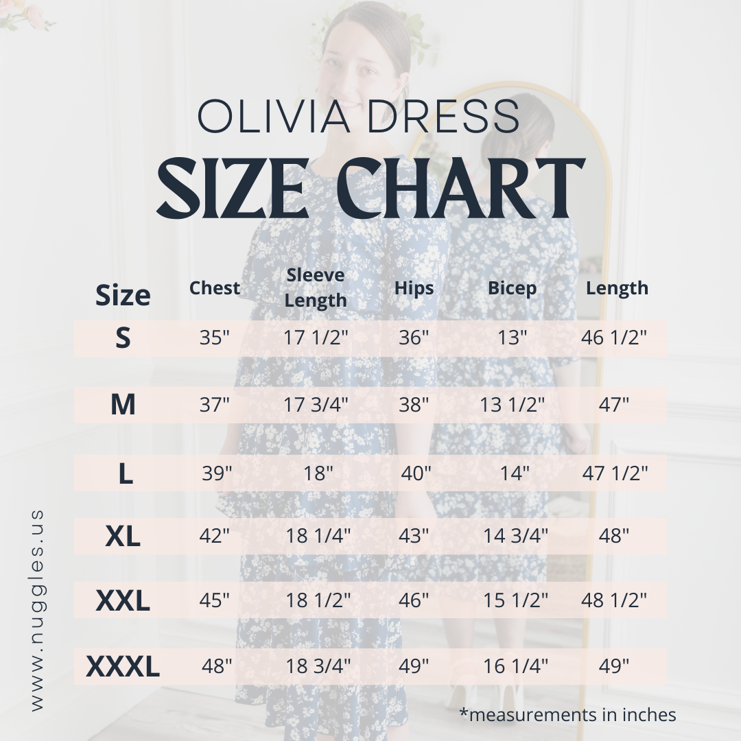 Olivia Dress size chart with measurements for bust, waist, hip, and length – helps ensure accurate fit before ordering