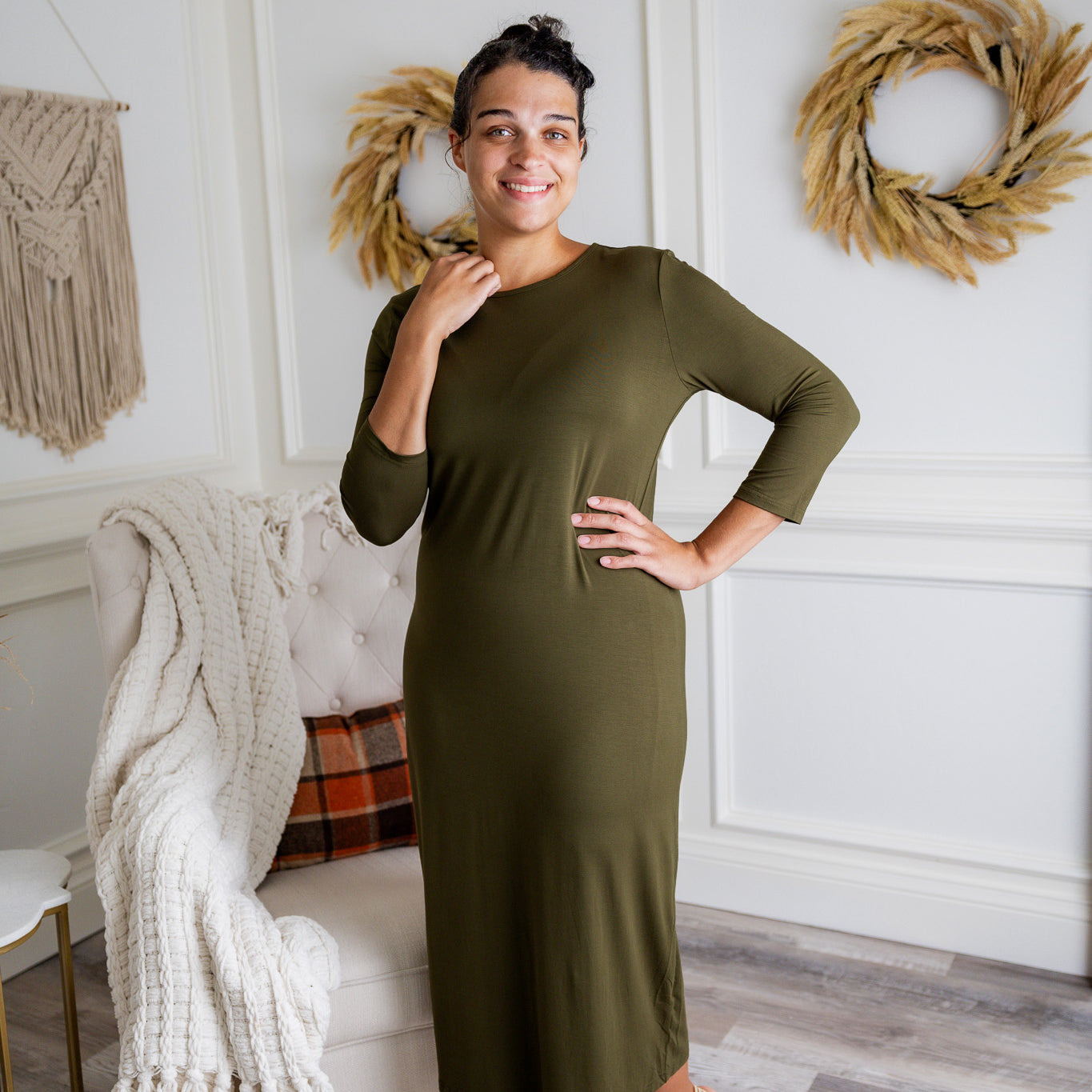 Model wearing Nuggles® Original Style Midi Layering Dress in soft cotton knit