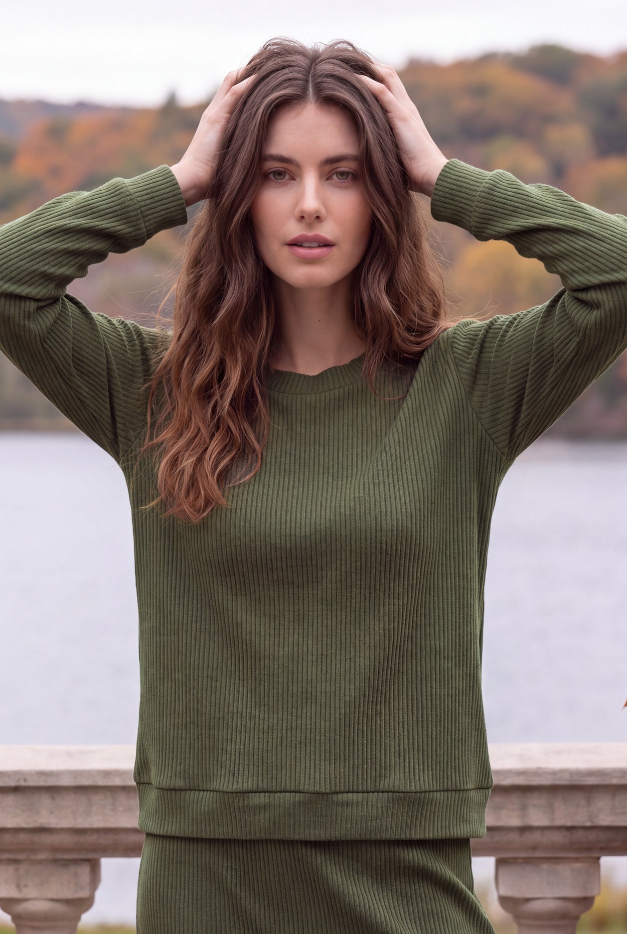 Model wearing Nuggles® Misty Lounge Set in Olive Green