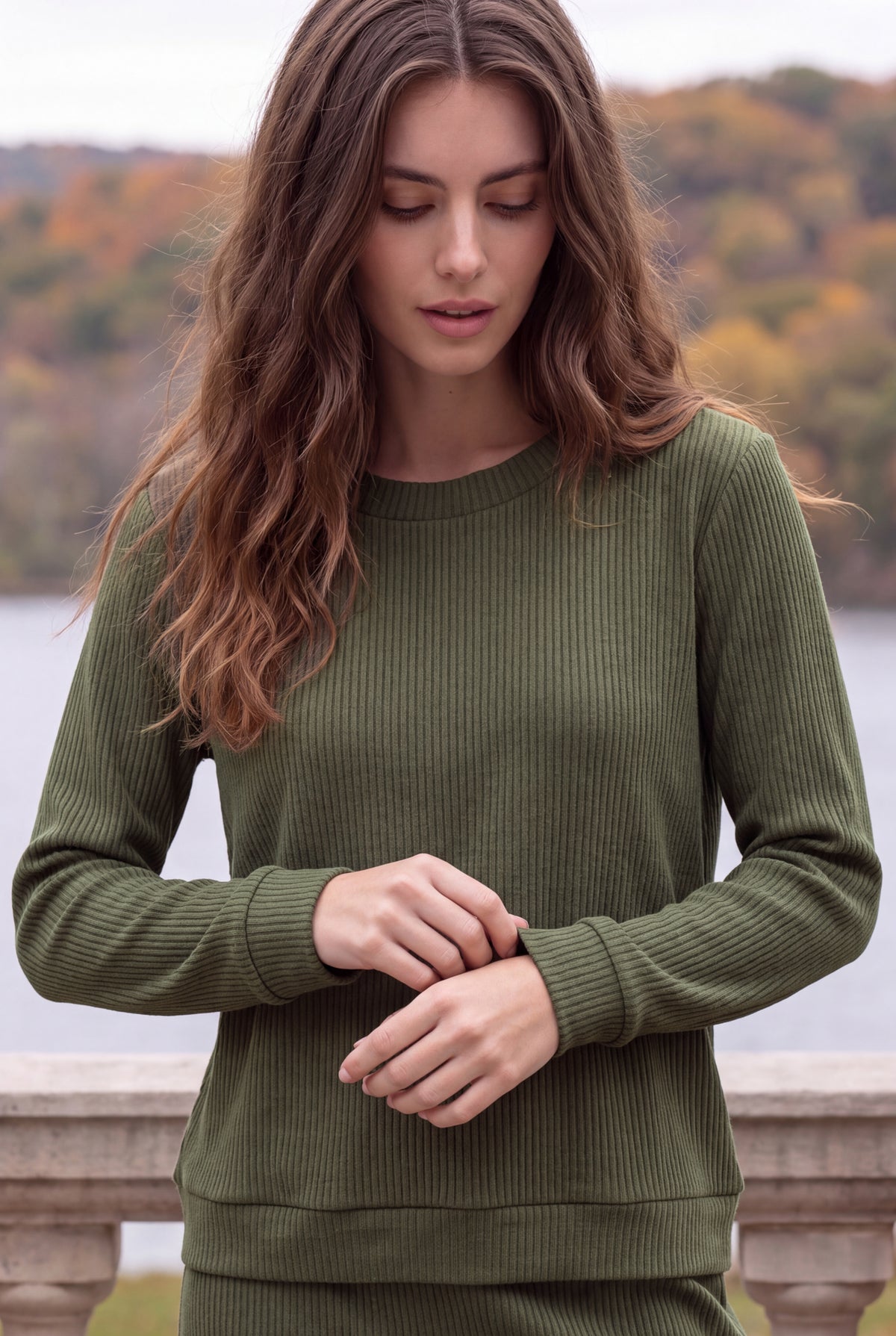 Model wearing Nuggles® Misty Lounge Set in Olive Green