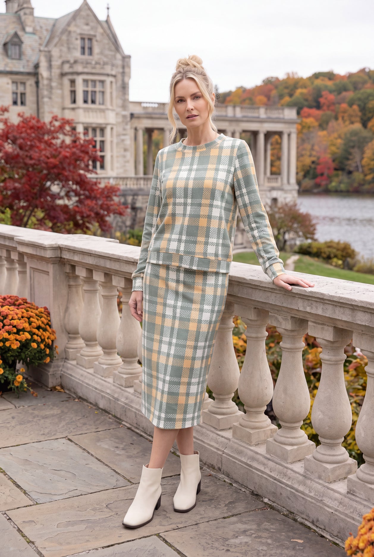 Model wearing Nuggles® Iris Sweater Shirt in Olive Plaid