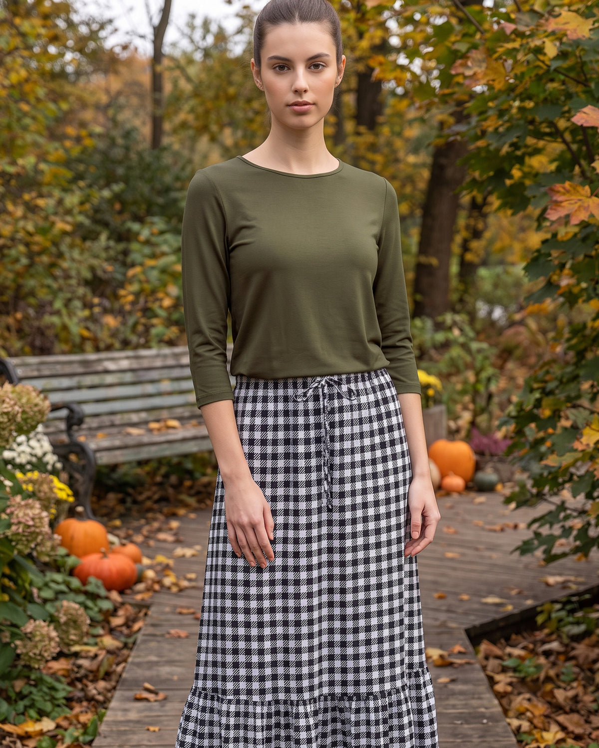 Model wearing Nuggles® Essential 3/4 Sleeve Tee in Olive