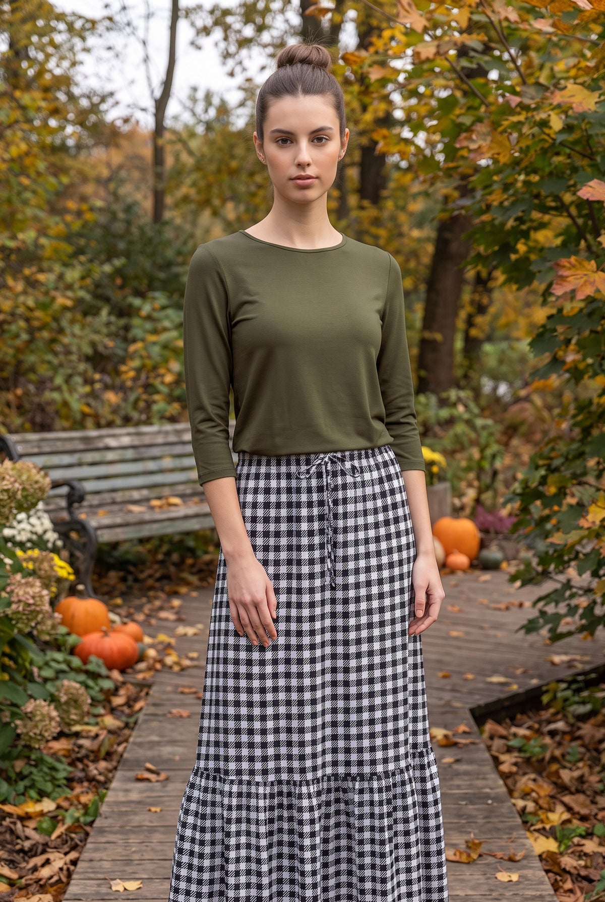 Model wearing Nuggles® Essential 3/4 Sleeve Tee in Olive