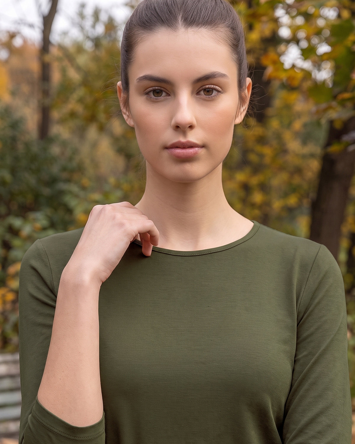 Model wearing Nuggles® Essential 3/4 Sleeve Tee in Olive