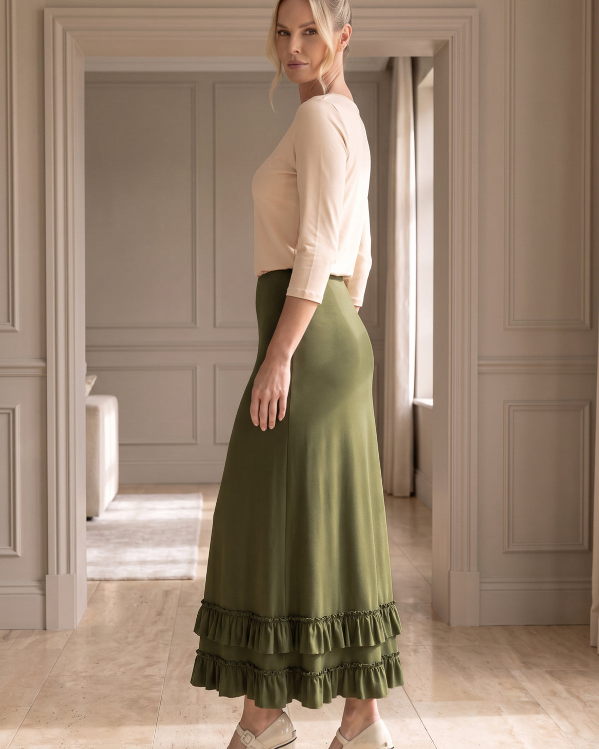Model wearing Nuggles® Callie Skirt in Olive