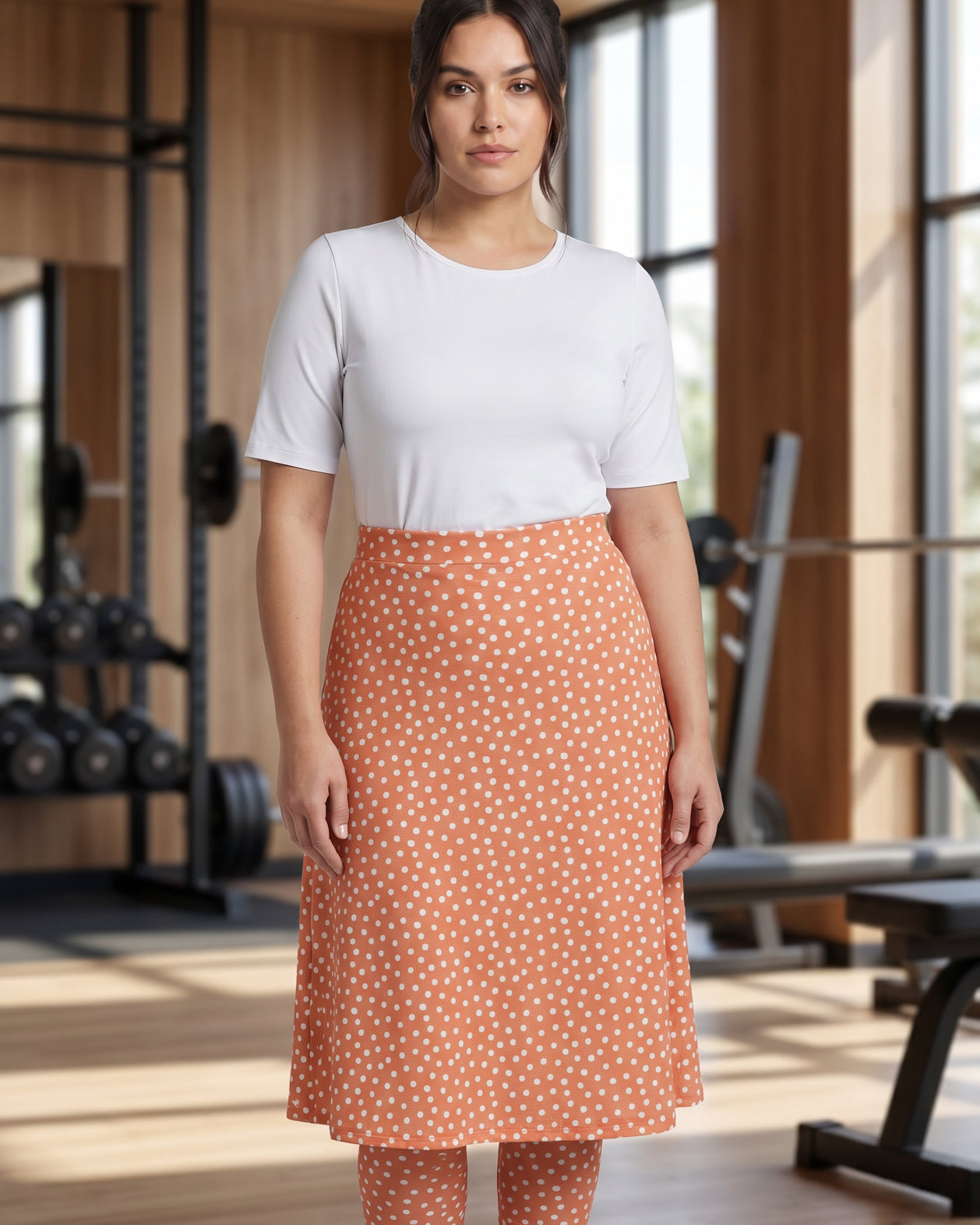 Model wearing Nuggles® 27" All-Sport Skirt in Orange Pop