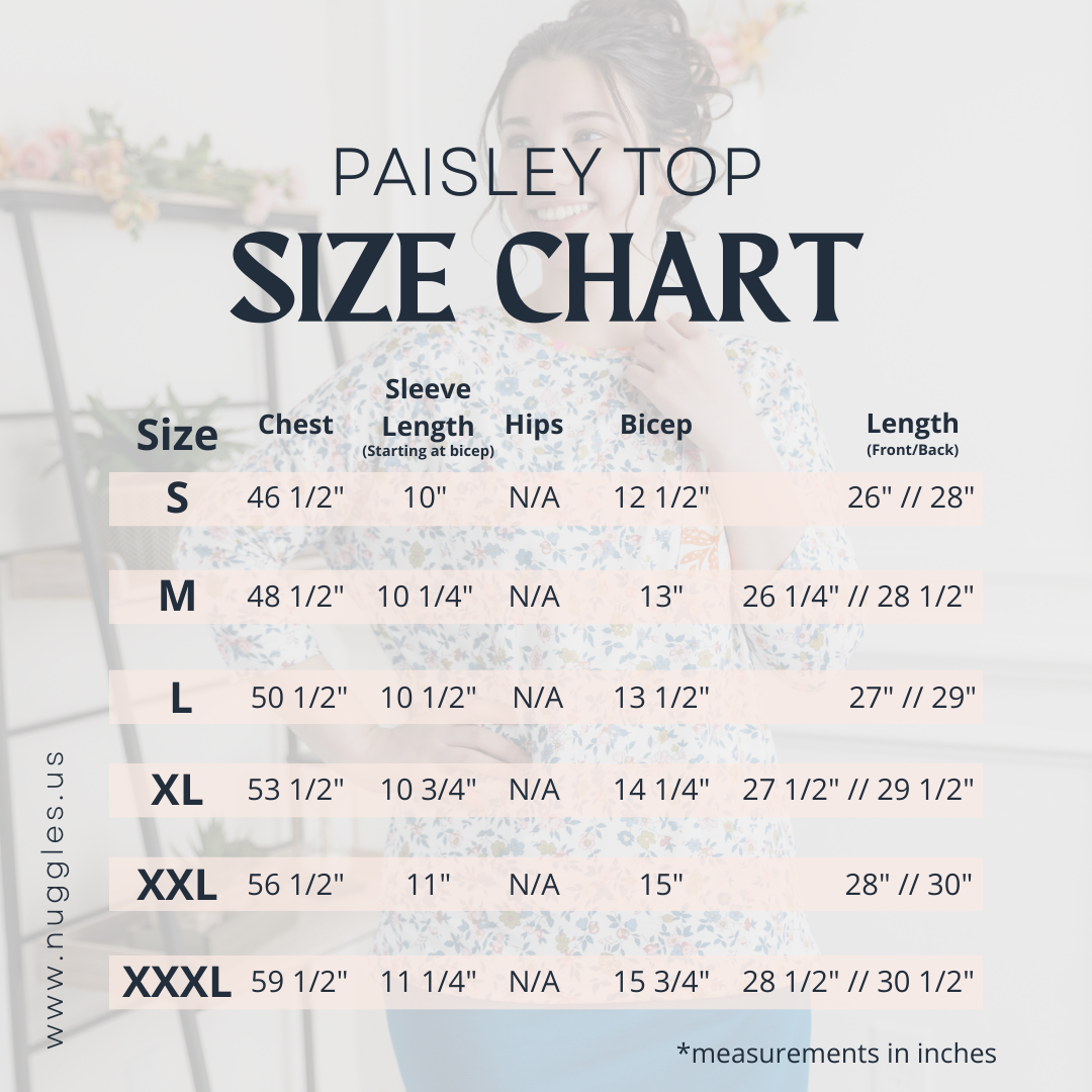 Paisley Top size chart showing bust, waist, and length measurements for modest women's top in sizes S to 3X