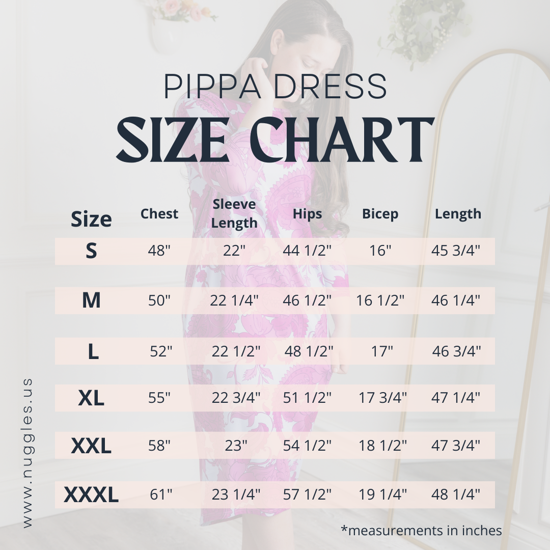 Women's modest dolman dress size chart – measurements for bust, waist, hip, and length to help choose the perfect fit.