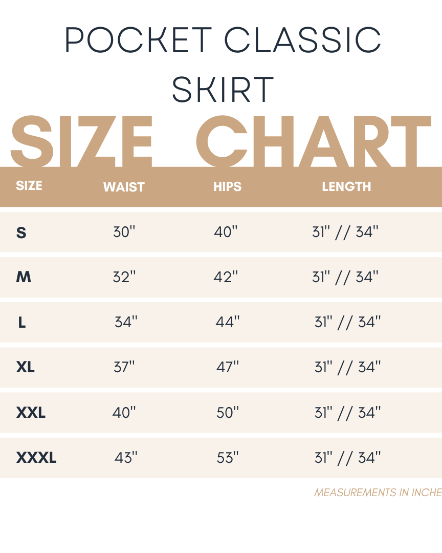 Size chart for our Nuggles® Pocket Classic Skirt with measurements in inches.