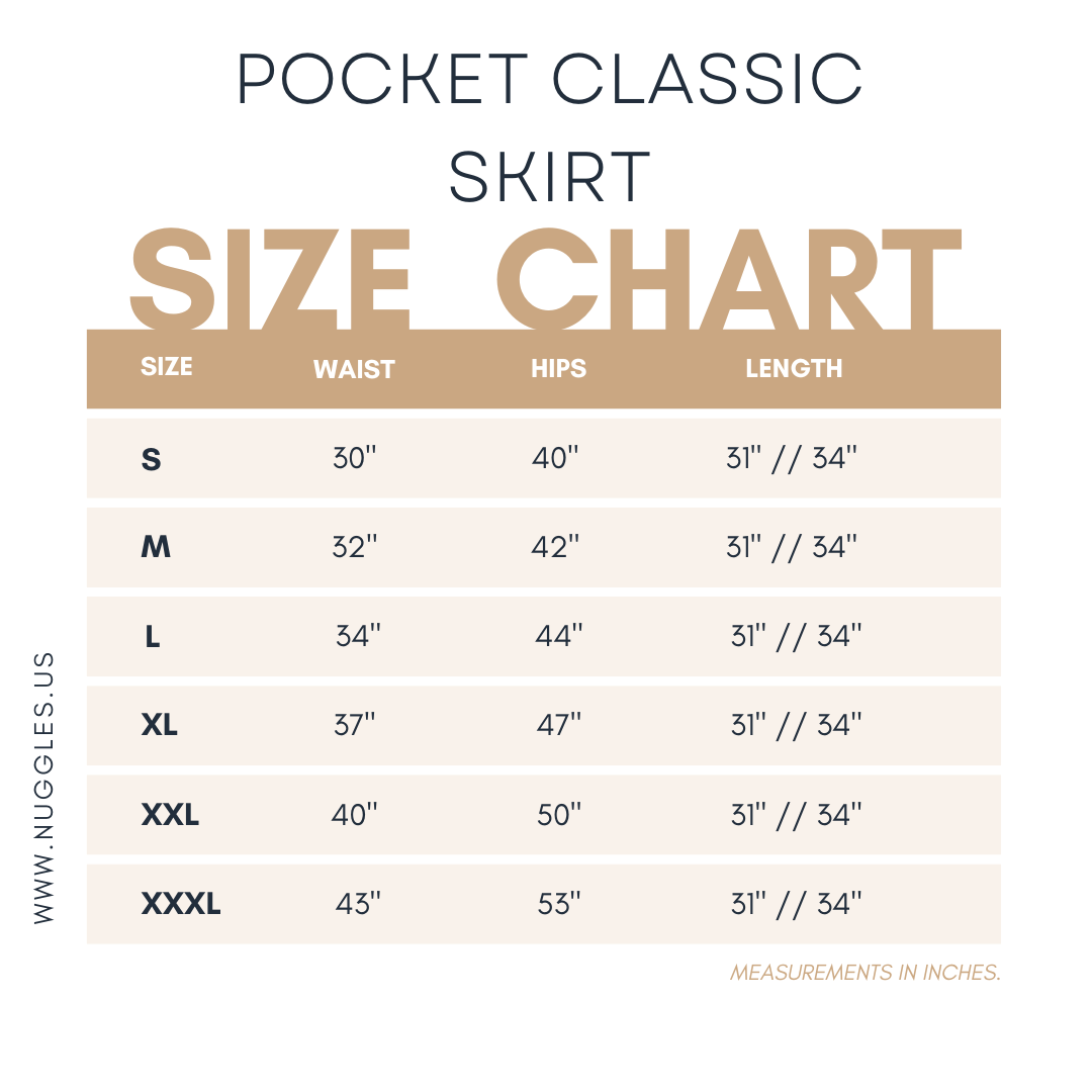Size chart for our Nuggles® Pocket Classic Skirt with measurements in inches.