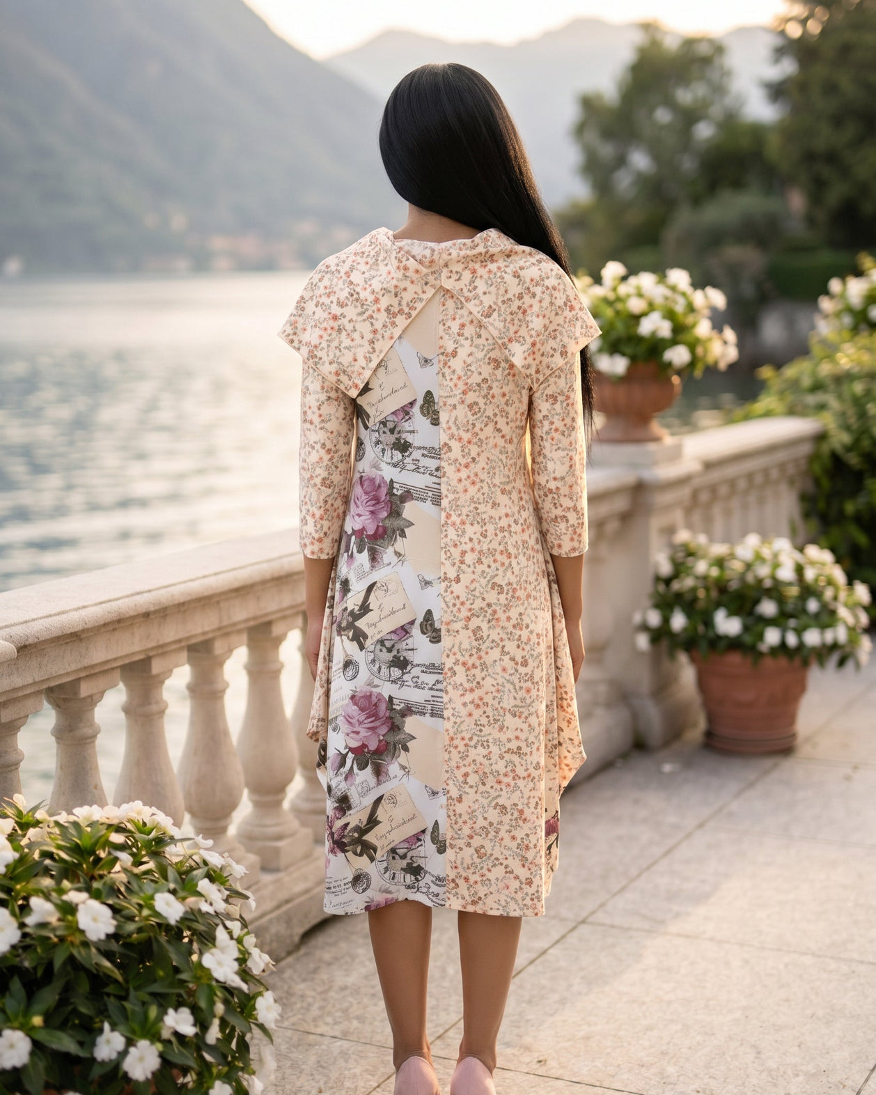 The Nuggles® Bailey Dress in Paris Garden midi length, two tone with cowl neckline