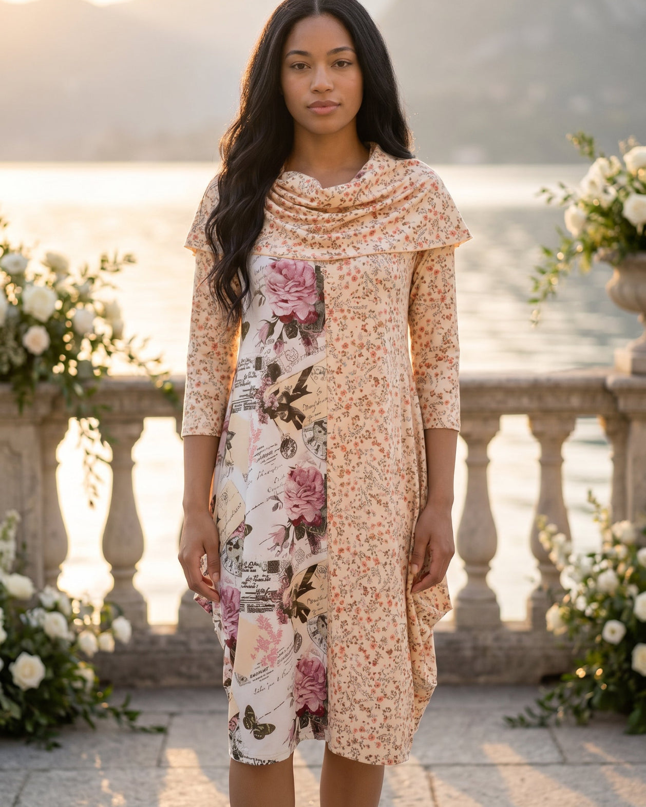 The Nuggles® Bailey Dress in Paris Garden midi length, two tone with cowl neckline