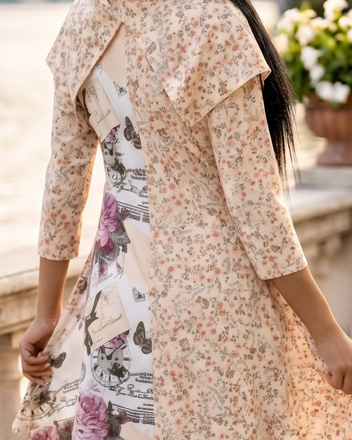 The Nuggles® Bailey Dress in Paris Garden midi length, two tone with cowl neckline