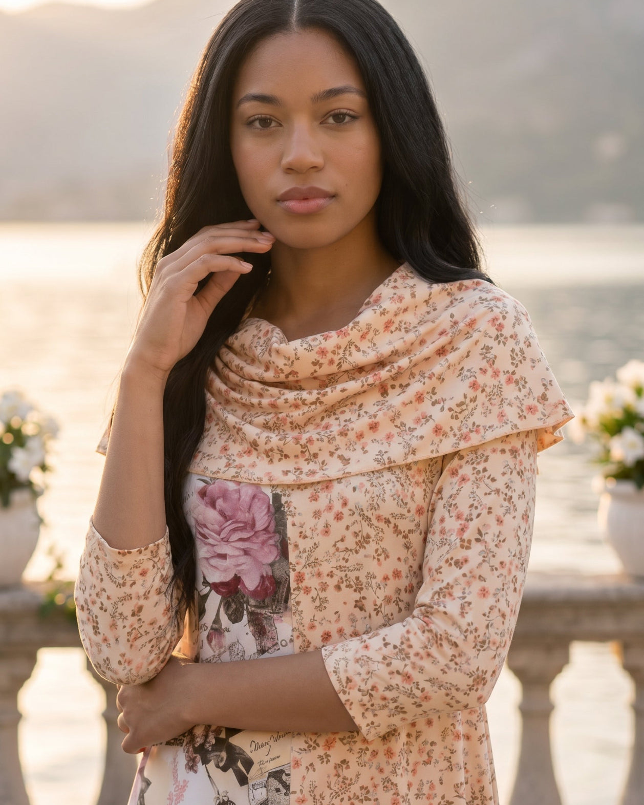 The Nuggles® Bailey Dress in Paris Garden midi length, two tone with cowl neckline
