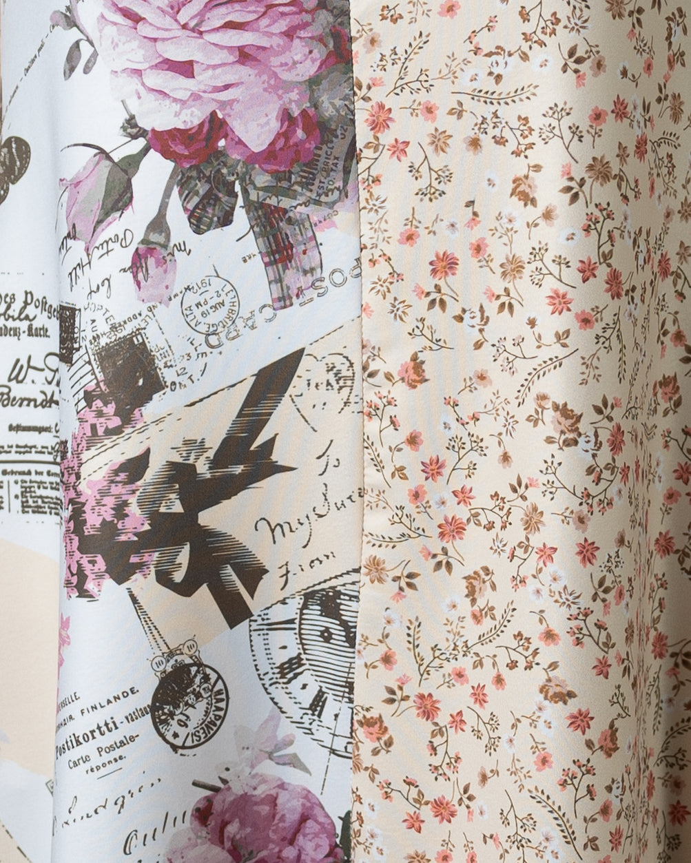 A detail shot of the floral fabrics.