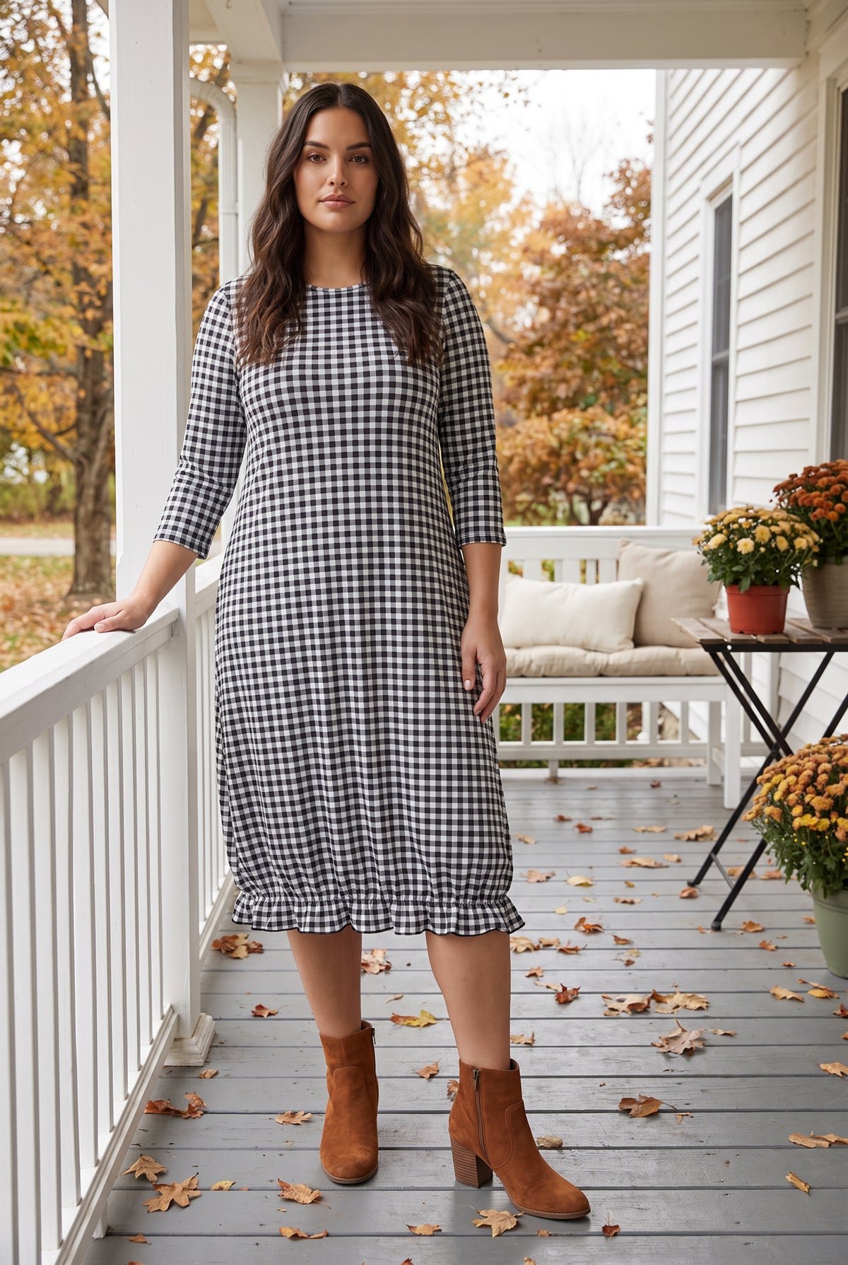 Model wearing Nuggles® Bristol Dress in Peppergrid