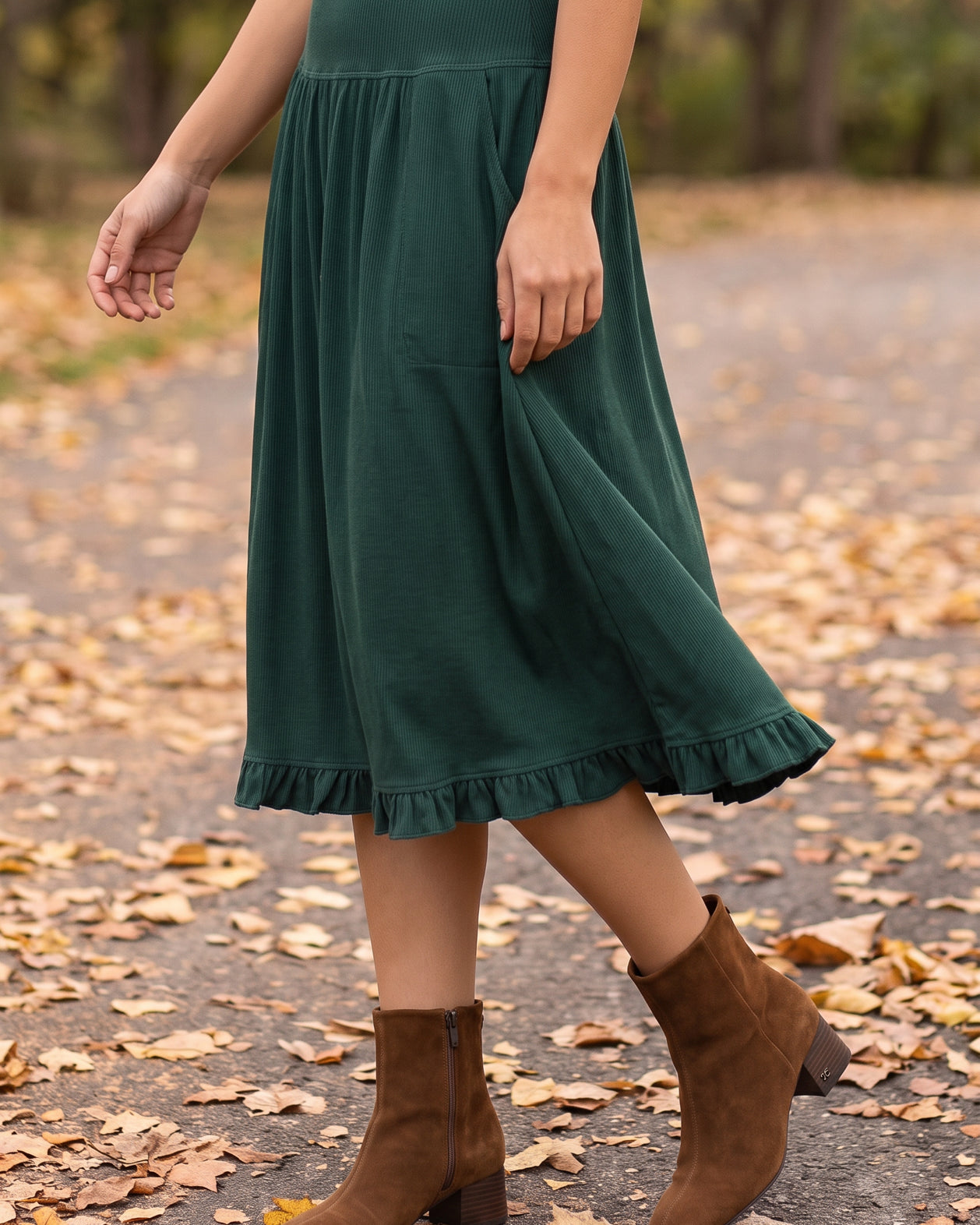 Model wearing Nuggles® Bethany Shirt & Skirt in Pine Green