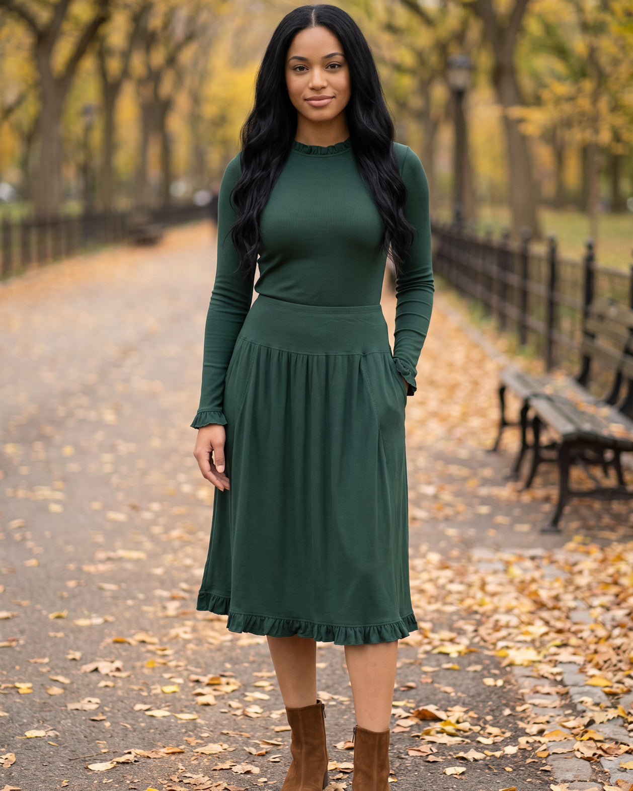 Model wearing Nuggles® Bethany Shirt & Skirt in Pine Green
